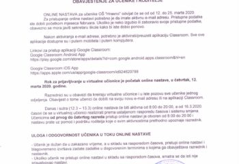 OBAVJEŠTENJE ZA UČENIKE